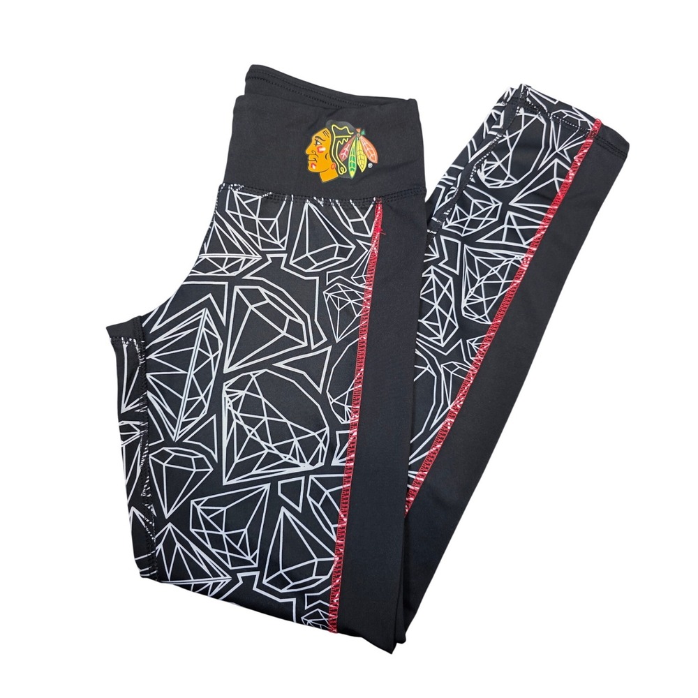 Reebok Chicago Blackhawks Girls Leggings Black White Diamond Print Size M 10/12